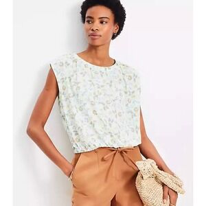 LOFT Womens Top M Blue Green Floral Print Cap Sleeve Gathered Waist Cropped